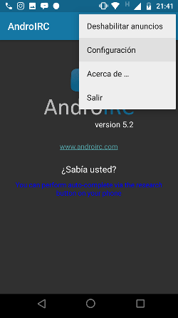 pantalla de configuración